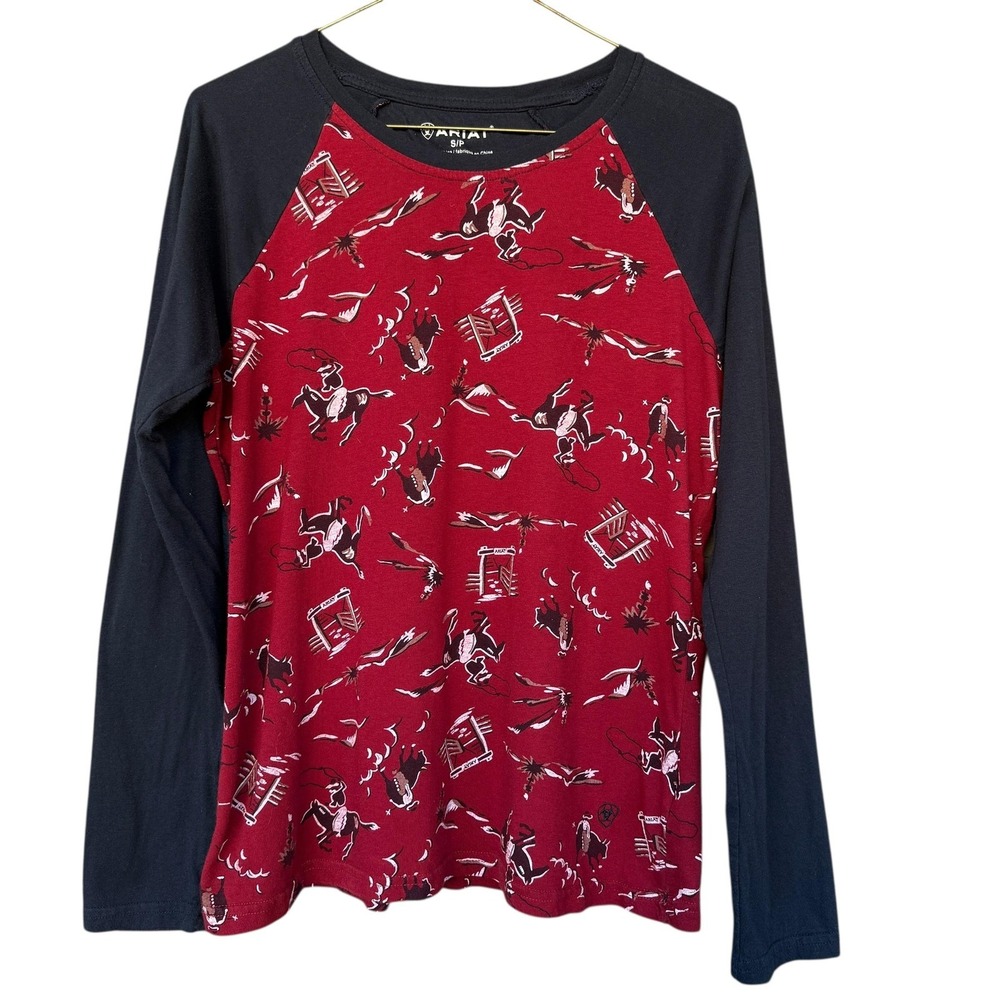 Ariat Pajama Top Womens Small Red Cowboy Horse Print Long‎ Sleeve Western Raglan